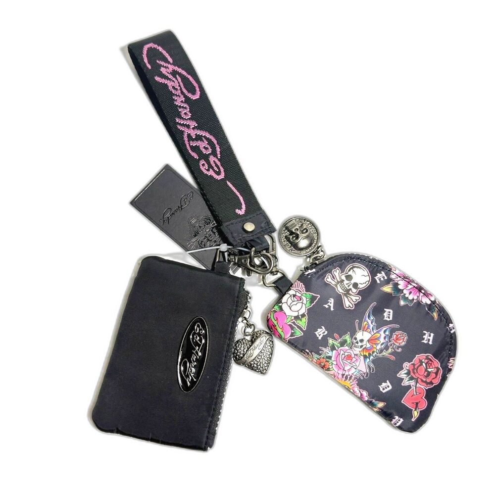 Ed Hardy Keychain Wristlet Double Pouch Set Skull, Roses Print Black NWT Y2K
